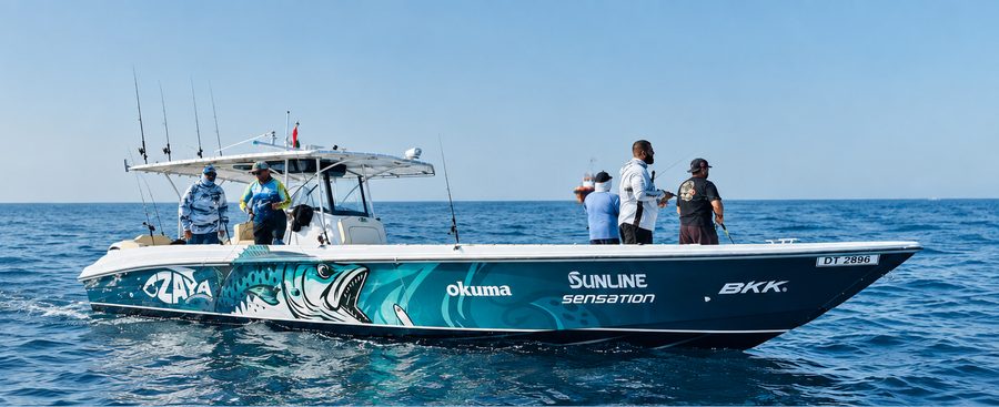 zaya-green-boat-new Zaya Green fishing boat at sea with anglers aboard
